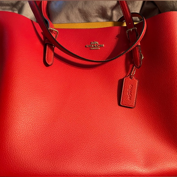 Red Coach Mollie Tote with blue and yellow interior - Picture 3 of 5